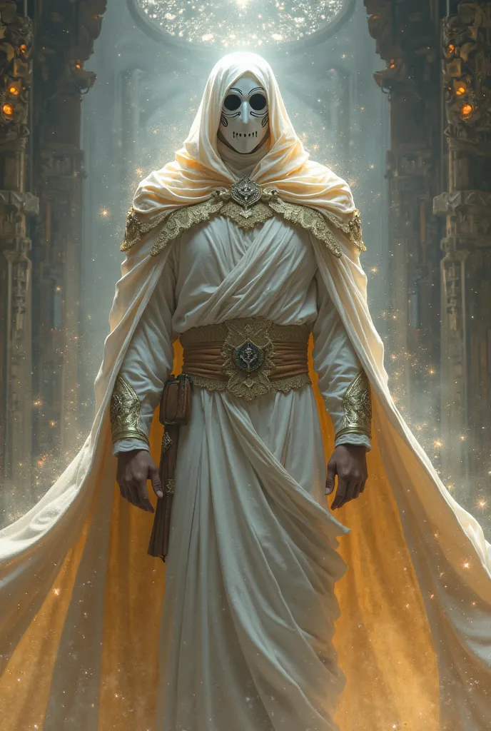 Create a mystery man. He wears a white mystical mask and has a relatively slim build. He dresses white with a golden cape. He has cases magic, because he lives in a magical world. He is the strongest fighter in his kingdom. 