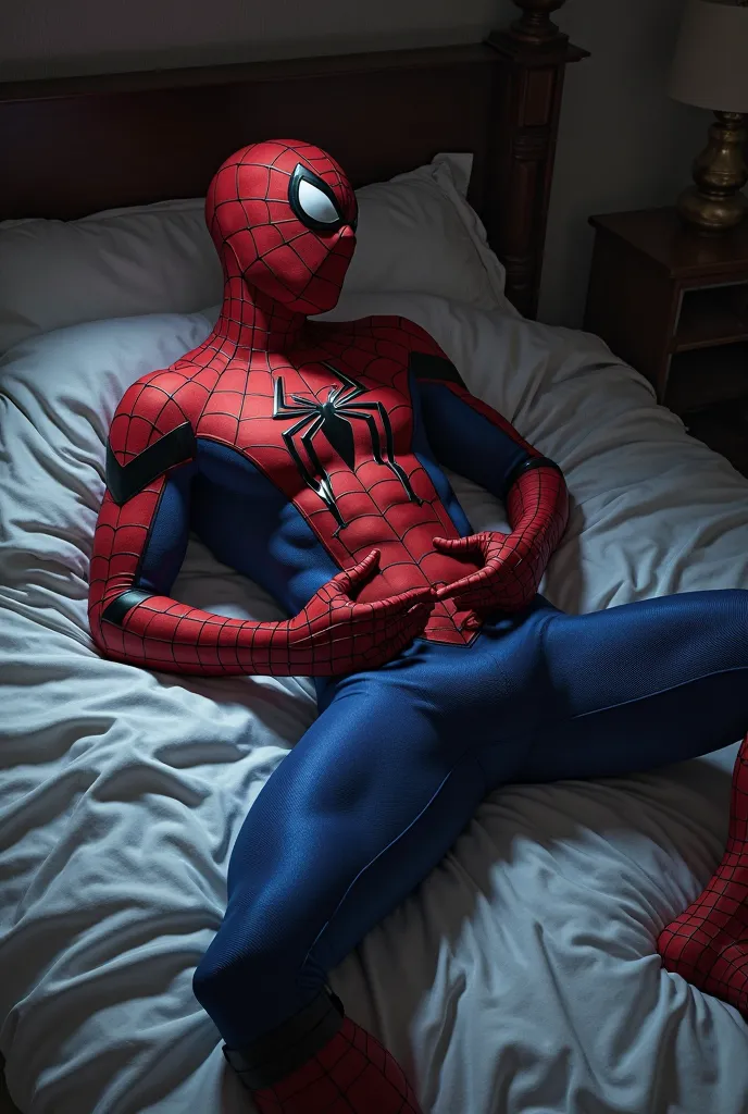 spiderman on bed grabbing his crotch