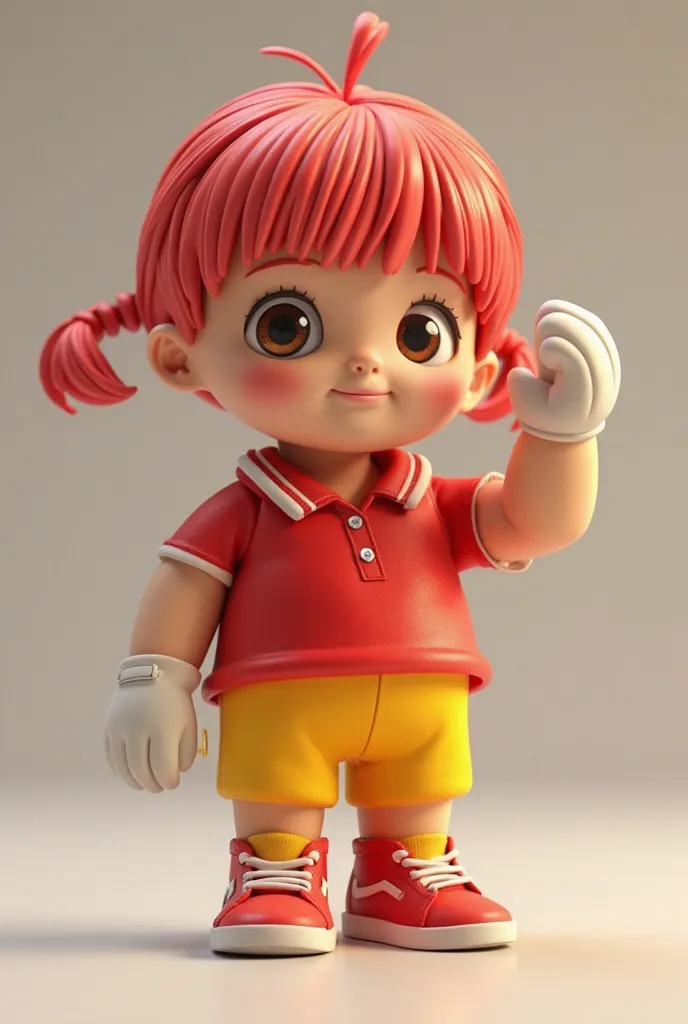 I want a doll character medicine capsule, It has to be realistic like from a 4K cartoon, The doll is not human, It has the colors red above and yellow below, wearing a red polo shirt with white details, In her hand she wears a white glove and a red sneaker...