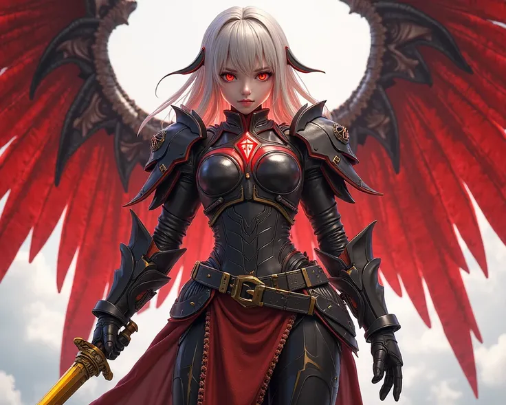 "A female warrior wearing thick black and red armor with a futuristic design. She has red eyes, a yellow sword, and red wings radiating an aura. Her armor appears to be high-tech. An anime-style image with a semi-realistic 3D rendering."