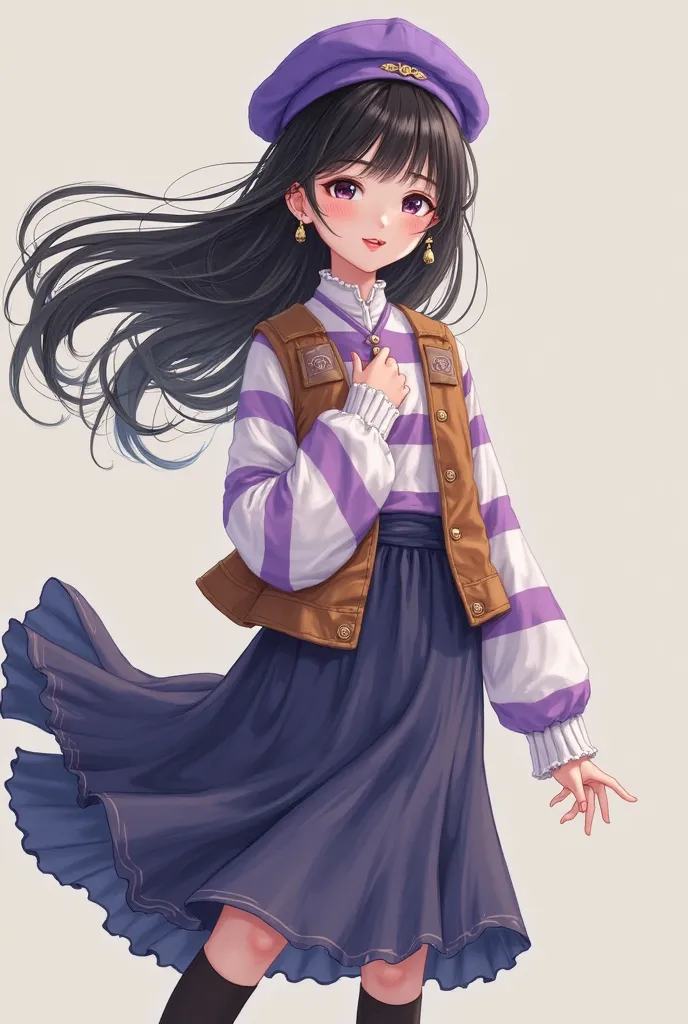 I want you to draw a Chinese-haired girl wearing a striped sweater in white and light purple, wearing a brown vest, a dark blue skirt, a purple beret and long black socks 