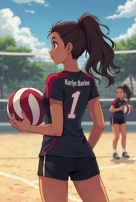 A girl with a caramel skin tone, putting together a play on a volleyball court, wearing a mostly black shirt with red details,  short black, on the back of the shirt the number 1 and above the name of the player: Kerlyc Barrios, all in an anime version