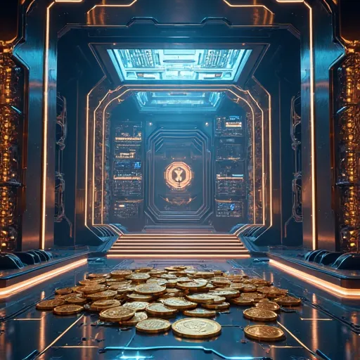 "A futuristic, high-tech crypto reserve, symbolizing stability and strategic financial growth. The scene features a massive, secure digital treasury filled with glowing blockchain coins, representing a well-backed memecoin. The architecture is sleek and mo...