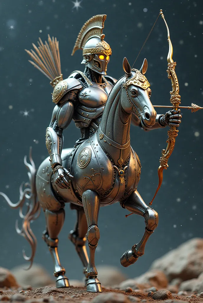 A Centaur robot that represents the Sagittarius sign with a Roman helmet and a bow and arrow