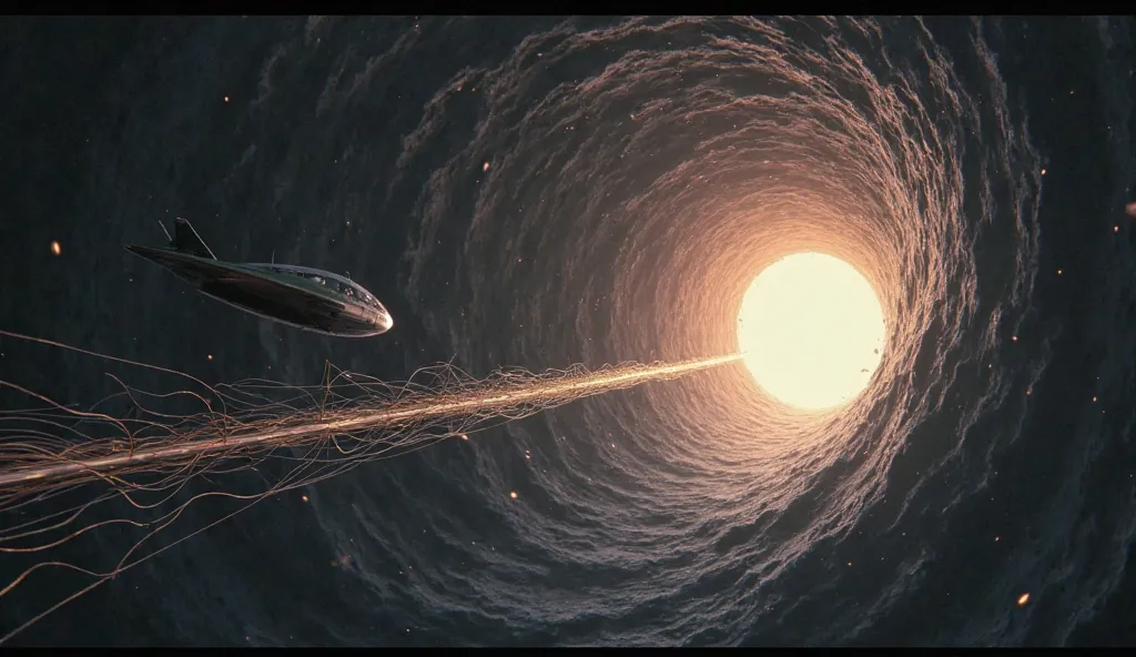 A spaceship stretching like spaghetti, being slowly pulled into the dark, menacing vortex of a black hole, with time distortion waves rippling through space.