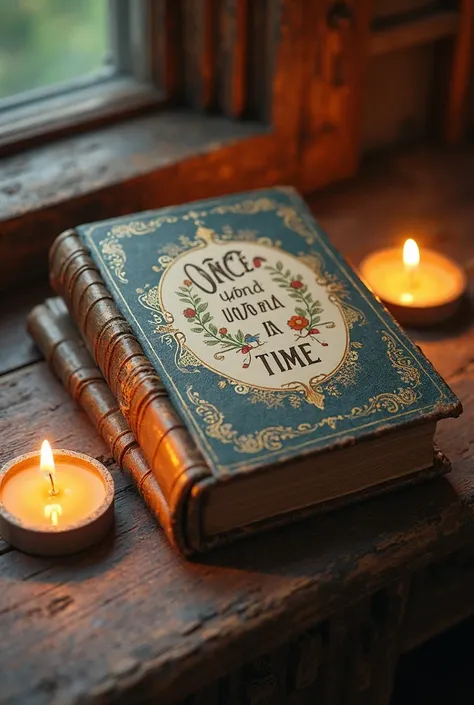 Create a fairytale book where Once Upon a Time is written on the cover and that book is on a wooden table and has two small candles on the side