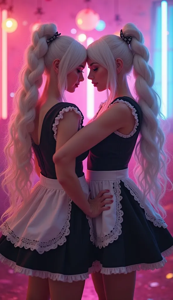 

twin girl, white hair, hair is intertwined with a lush braid, , двойняшки their hair styled long ponytail hair, ,big boobs

Short curvy sexy maid dress 
Sexy black maid dress
High platform shoes with high heels in white


Girls lift their hair up
 realis...