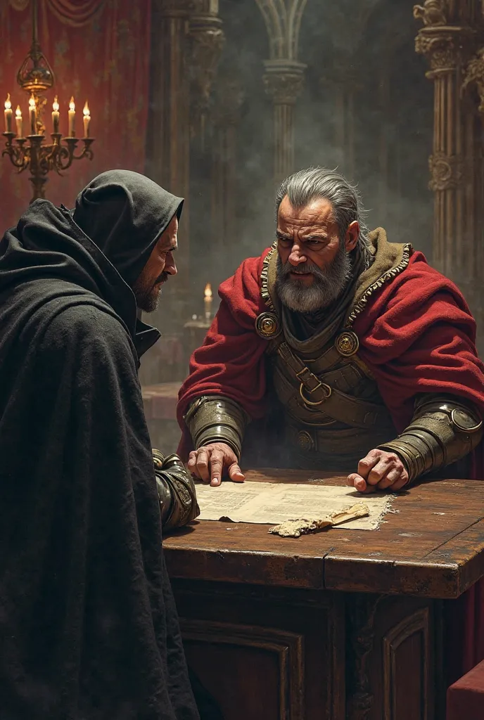 In the castle room, The Count hits the table furiously while a mercenary with scars and a dark cloak, He hears him in silence.  set in the middle ages 