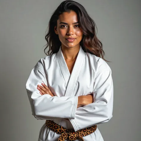 Latin karatec woman poses with her white karategi, and animal print dress belt with buckle, with a martial attitude looking at the camera with a faint smile and her fists clenched around her waist