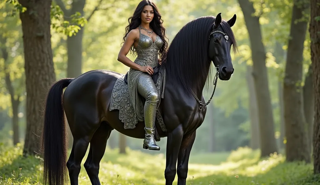 A stunning centaur woman standing elegantly in a lush green forest. She has a graceful and confident posture, with her human upper body seamlessly merging into a sleek, black horse lower body. Her long, flowing dark hair cascades over her shoulders, and sh...