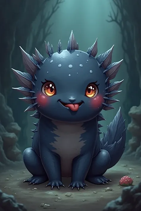 Create a shady axolotl, black color, Eyes and white smile, with detailed gills, Chibi style, Winking and sticking out your tongue like the emoji ":p", That serves as a Twitch alert.