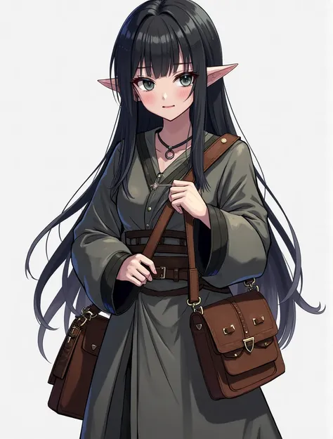 Half-elf, dungeon & dragon, magician, girl wearing loose tunica, dark circles , medieval city outfit, two leather bags, dark grey eyes, black hair, jaded, tired, shy, full body, detailed eyes, character sheet, high resolution, more details, 8k quality ,bes...