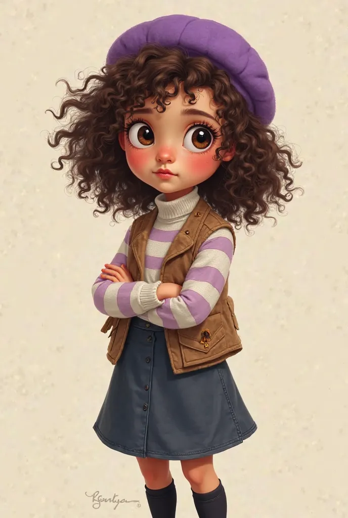 I want you to draw a curly-haired girl wearing a striped sweater in white and light purple., wearing a brown vest, a dark blue skirt, a purple beret and long black socks 