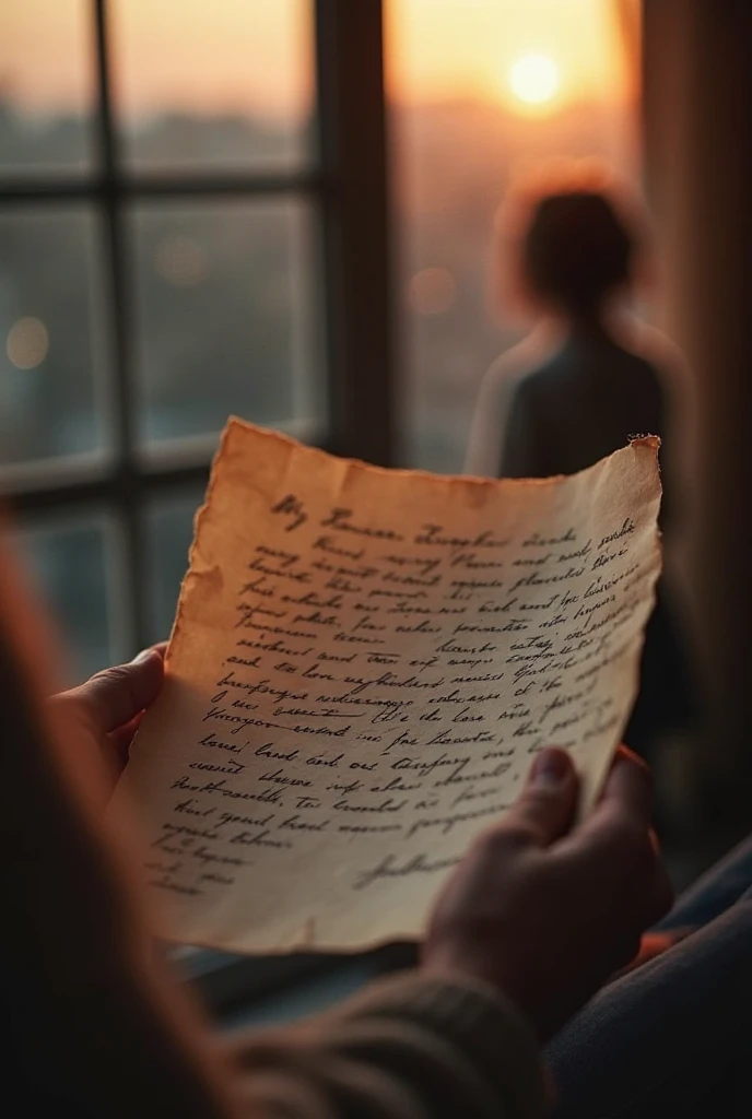 A close-up of an old love letter with delicate, handwritten words, slightly crumpled as if held with trembling hands. In the blurred background, a figure hesitates, holding the letter, unsure whether to send it. The warm glow of twilight streams through a ...