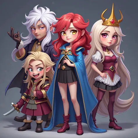 Closed-faced Dyrroth character, Benedetta character looking from the side with a slightly suspicious face,  Happy wizard character,  Embarrassed Angela character,   Wanwan character, from the Mobile Legends game Bang Bang 