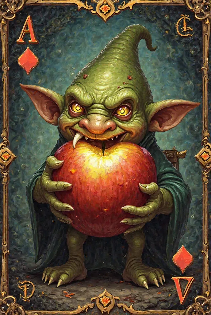 Make a card of a Yugioh, make an apple bitten by a goblin.