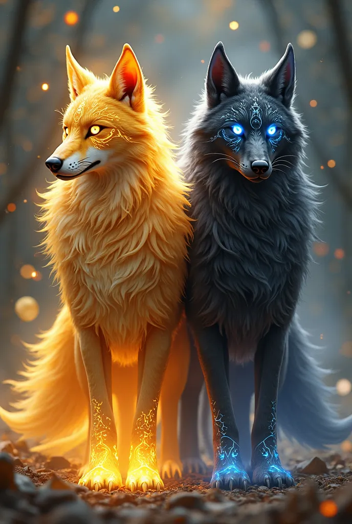 The Twin Creatures: Solivox & Noctivox

Form: Identical wolf-like creatures, elegant and powerful, standing about the size of a large tiger. They have long, flowing tails, sharp luminous eyes, and intricate markings that glow when they use their powers.

S...