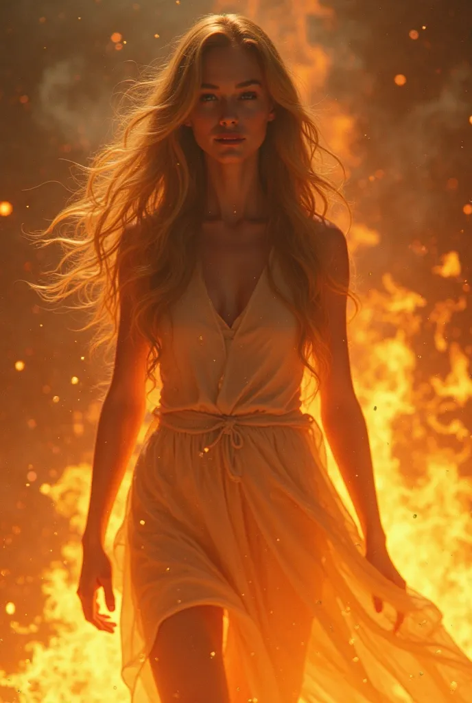 A girl with golden hair comes out of the fire