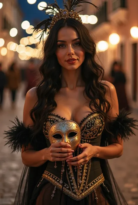 Realistic photo of Valentina, A stunning woman with long wavy hair , Black hair and, slightly tanned skin, with your bulky gym body, 280 ml silicone breast dressed in an elegant and sensual Venetian carnival costume. She wears a luxurious , dressed in intr...