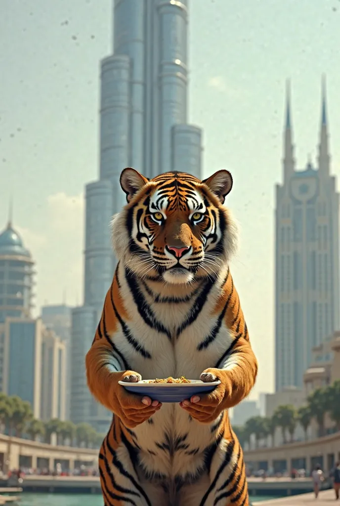 Generate a photo of a tiger who is begging for money with an empty plate on hand in dubai infront of burj khalifa