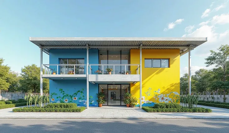 "A 10-meter-wide, two-story recycling facility with a simple yet modern design. The building is finished with bright yellow and blue paint, representing the KOMADA brand. The structure features a lightweight galvalum roof supported by a visible steel frame...