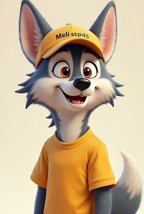 A cartoon animal wolf, Very realistic smiling, with a yellow t-shirt and a cap written by Meli SSP45 