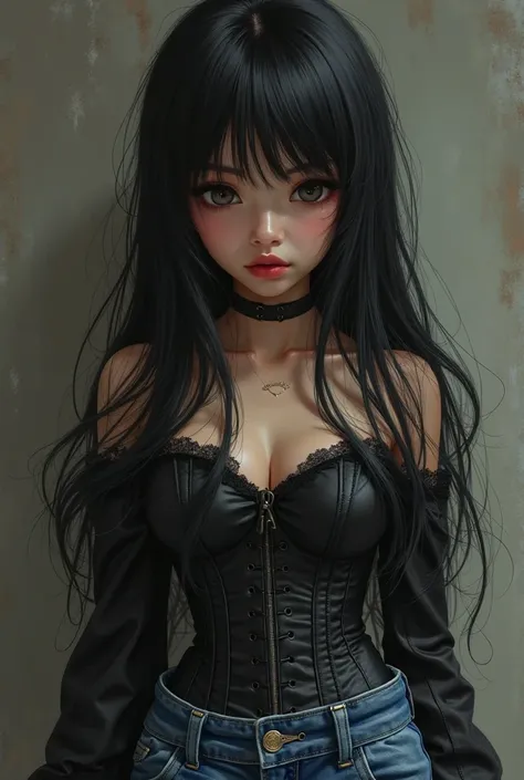 Girl with Medium skin tone black long hair with curtain bangs big black eyes with long lashes red lips black boots blue boot cut jeans with a black corset