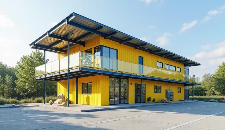 "A clean and well-organized 10-meter-wide, two-story recycling center. The facade is painted in bright yellow, with blue accents outlining key architectural features. The building has a lightweight galvalum roof with visible steel trusses for structural su...