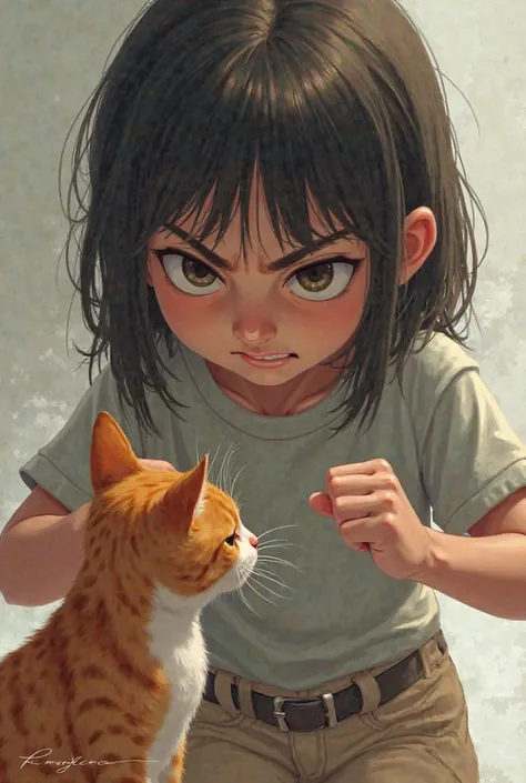  A girl with an angry face together is a cat