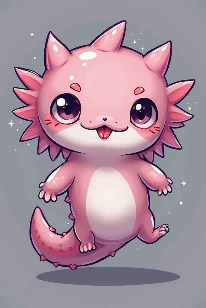 Create a shady axolotl,  heel, with eyes and white smile, and detailed gills. The style should be chibi, with a playful expression, winking and sticking out the tongue in a fun pose, similar to the emoji ':p'.  The design should be vibrant and eye-catching...