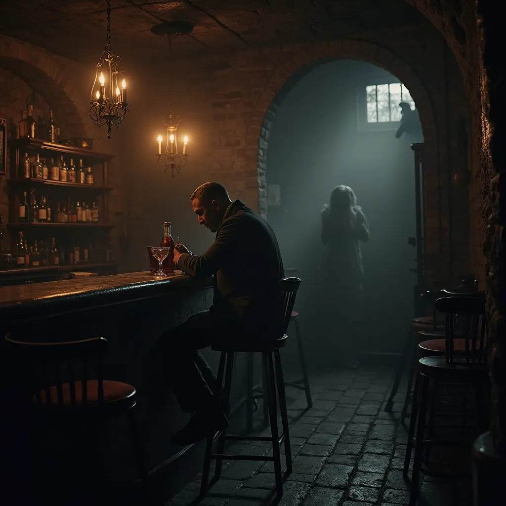 A dimly lit, gothic bar, shadows covering the corners and flickering candlelight casting eerie glows on the walls. A solitary man, wearing a dark suit, sits at the bar, nursing a drink. The atmosphere is thick with tension, the air heavy with the scent of ...