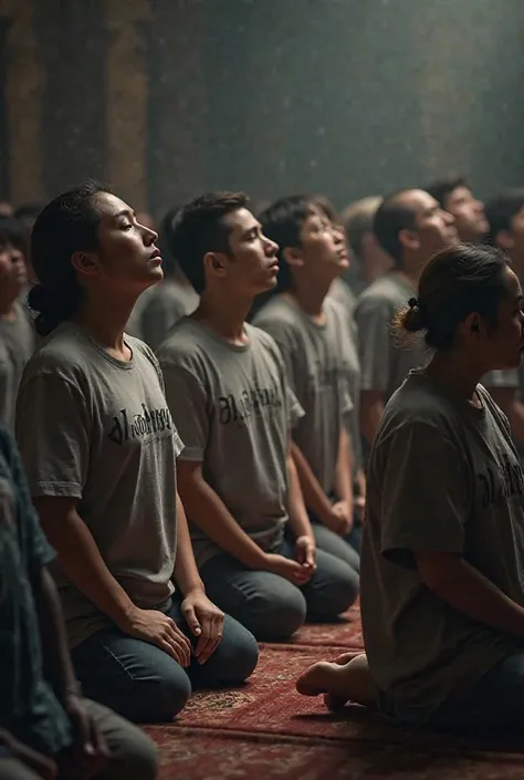 Believers neeling praying with AL TA NA t-shirts 