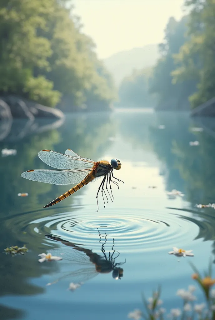 Create a dragonfly flying down to the water surface to find food. The dragonfly has crystal clear wings. The background is a calm, quiet lake. Soft pastel colors for the surrounding scene.