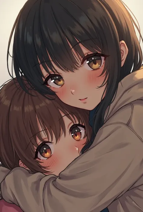  Black-haired brunette girl embracing very affectionately a white girl with brown hair. You can't see their faces and they're wearing a sweatshirt . are people . You have to look realistic .  And the image has to be like a selfie of both of you.