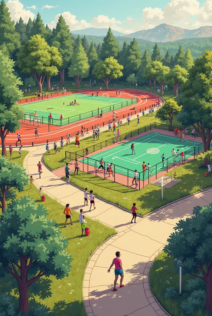 Can you make me an image of a park that has an outdoor gym,  a soccer field , an athletic track and a paddle tennis court. I want the image to look like a drawing 