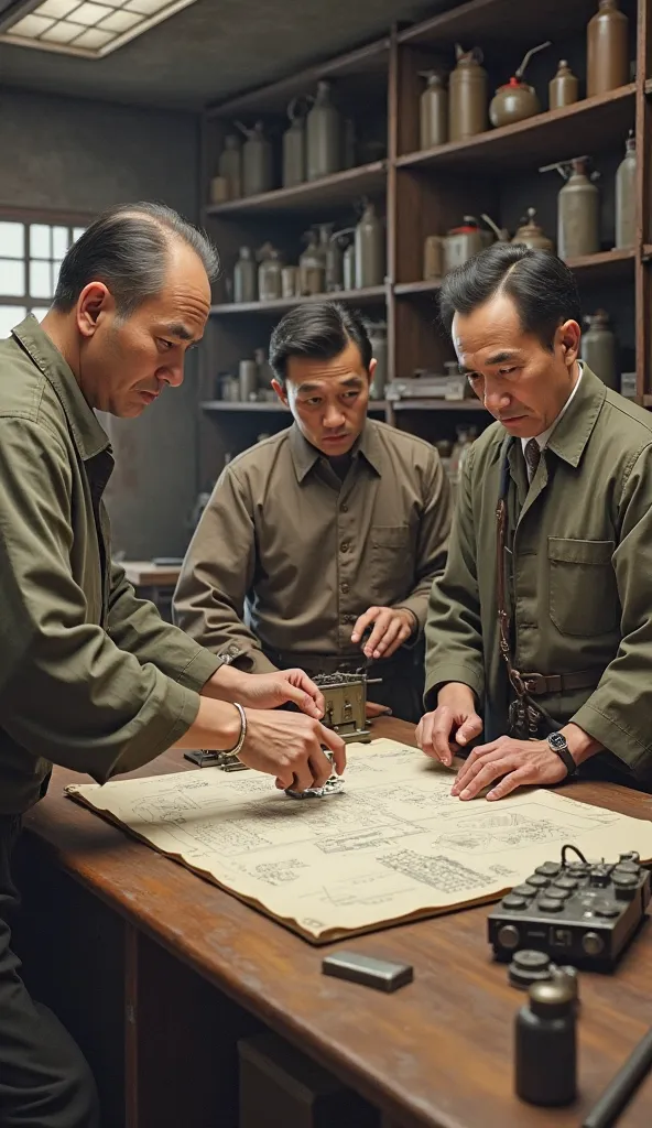 Japanese engineers and designers from the Second World War, working in a laboratory or workshop to develop a Type 97. Drawings, grenade tools and parts. grenade engineers in traditional Japanese work clothes or military uniforms discuss or test grenade mec...