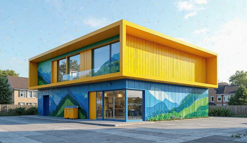 "A two-story recycling facility measuring 10 meters wide and 7 meters high, with a simple yet modern design, with neighboring houses on the right and left of the building. The building is finished in bright yellow and blue paint, representing the KOMADA br...