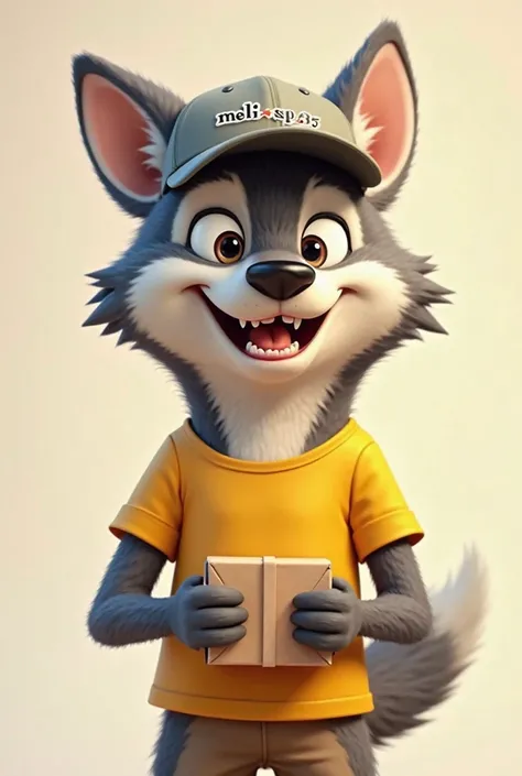 A cartoon animal wolf, Very realistic smiling, With a yellow t-shirt and a cap written Meli SSP45 with a small box in the hand 