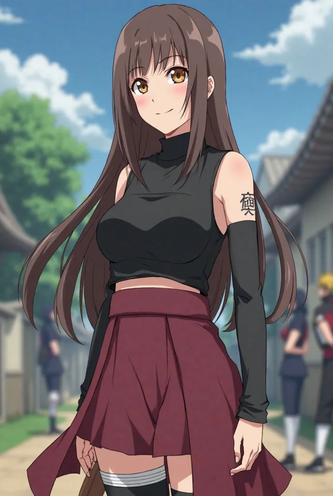 Character with the animation of Khisimoto Naruto Shipudden tall age woman long brown straight hair on the side long eyelashes and small waves on the ends of the hair shiny light brown eyes honey colored eyes, black wardrobe with wine red short skirt low wa...