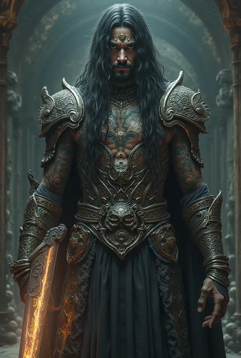 Make a long-haired Qareen Cleric with a Mystic tattoo, Do it wearing armor and a sword