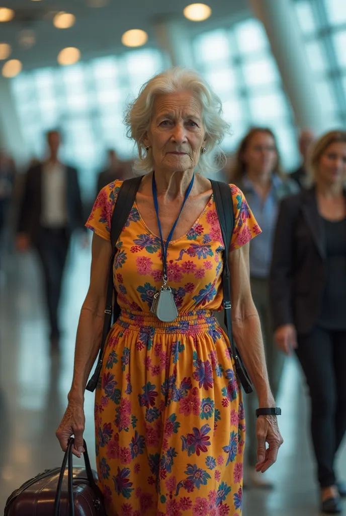 Old woman in a short dress arriving with a suitcase at the airport .close-up 