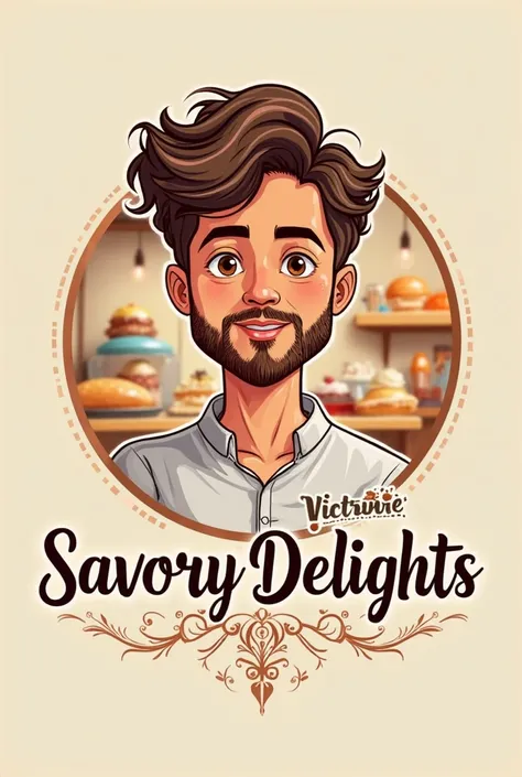 Create a logo sweet and savory delights pastry shop Paulo Borges young brown pastry chef with curled hair with honey-colored eyes