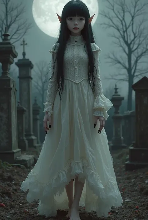 Digital Art Cartoon Doll Gothic Elf Pale Skin Long Straight Black Hair,With short bangs, long black nails ,long white sweater dress 1830, Barefoot walkers in a cemetery at moonlit night