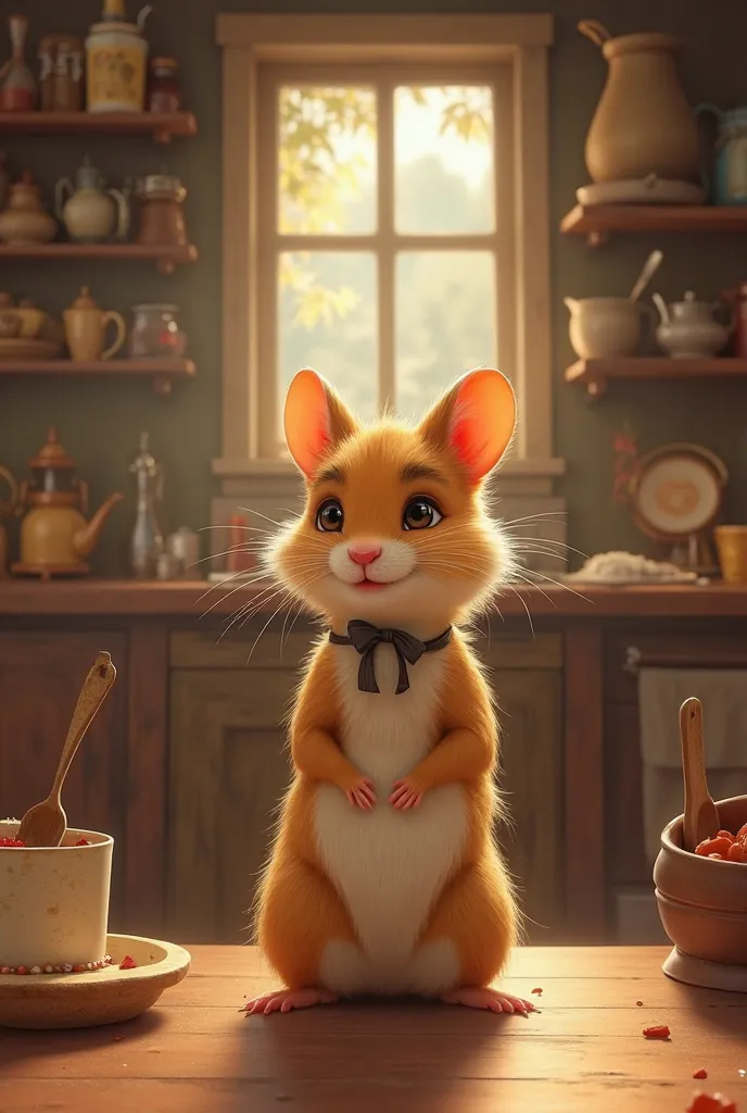 
Realistic animated Disney style golden hamster 
very pretty, tender and slim, well proportioned with period clothing in a fully equipped country kitchen