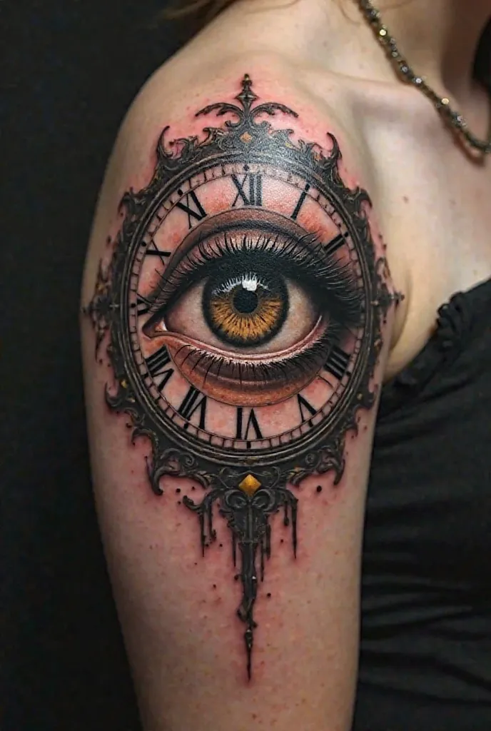 Simple eye Tattoo with a clock around the roof