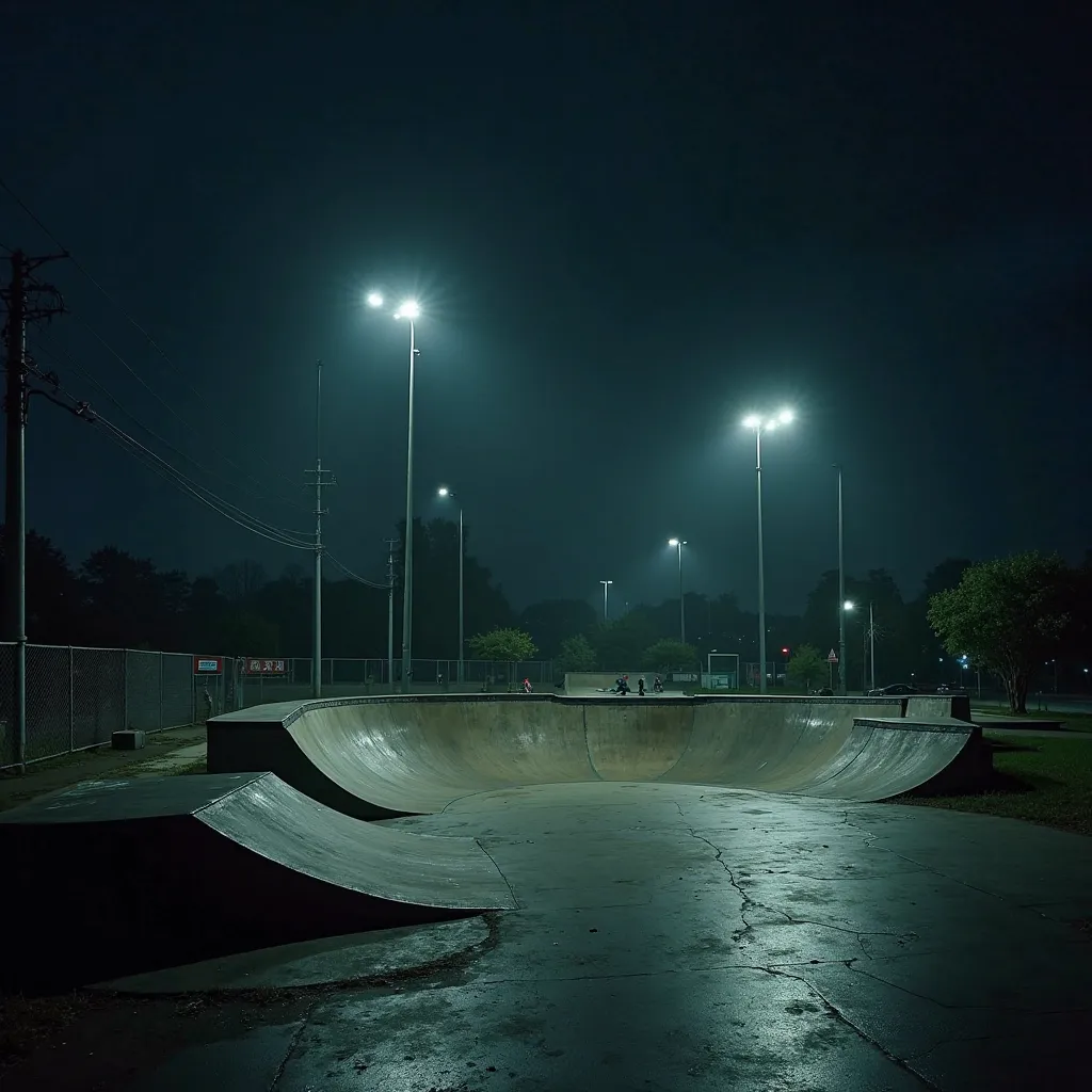 A moody nighttime skatepark background with dim streetlights, faint reflections on wet pavement, and worn-out ramps. The aesthetic is deep, mysterious, and perfect for an underground urban fashion brand