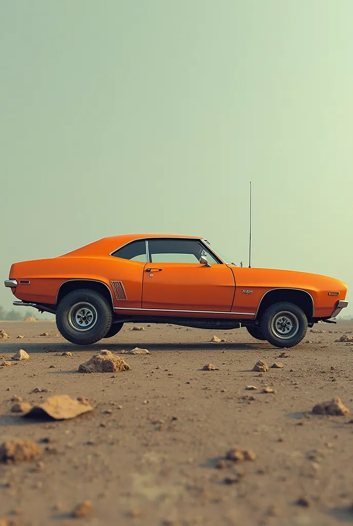 An image of an orange car missing all 4 tires, Without any tires