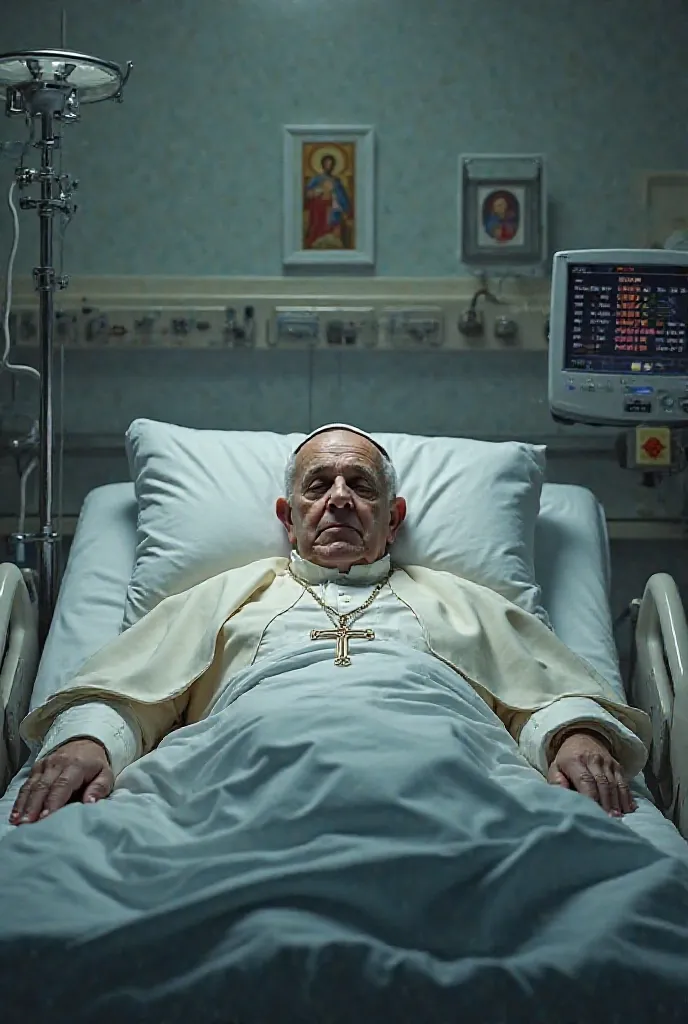 Make an image of Pope Francis sick in a hospital bed