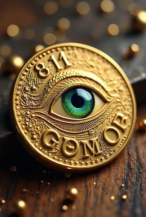 A extreem beautifully   design carved  gold coin with the text of "81 GROUP " placed near one beautiful eye ,eye line with peacock feather ane in side eye Corina special light .In the coin side text "81 GROUP "