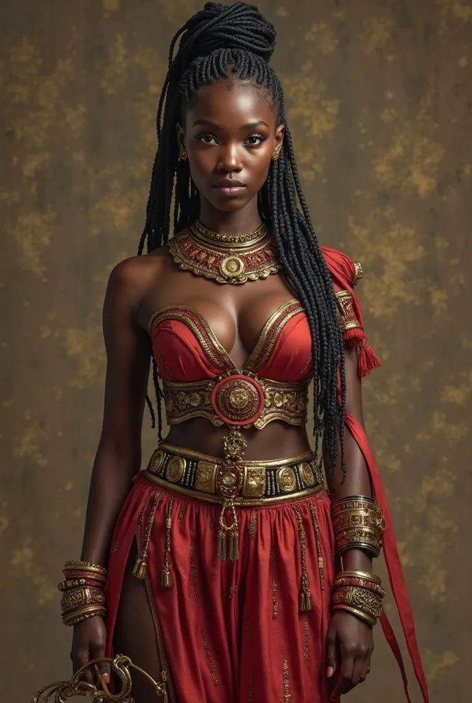 create a realistic image of a black female warrior, African style, with braided hair ,  with a small sword in the right hand,  outfit with a small mirror in her left hand, wearing a red and gold outfit